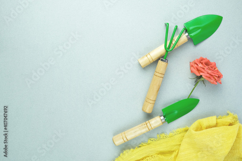 Gardening tools on gray background, top view, garden care, landscaping and hobby concept. 