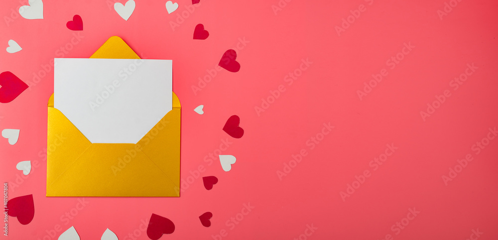 Gold envelope and hearts on a red background. Love letter for valentine's day concept. Place for your text. Banner. Gold envelope and hearts on a red background. Love letter for valentine's day concept. Place for your text. Banner.