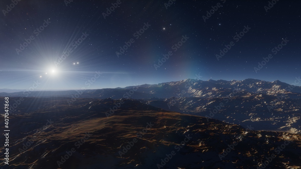 Naklejka premium science fiction illustration, beautiful space background, a computer-generated surface, a fantasy world 3d render