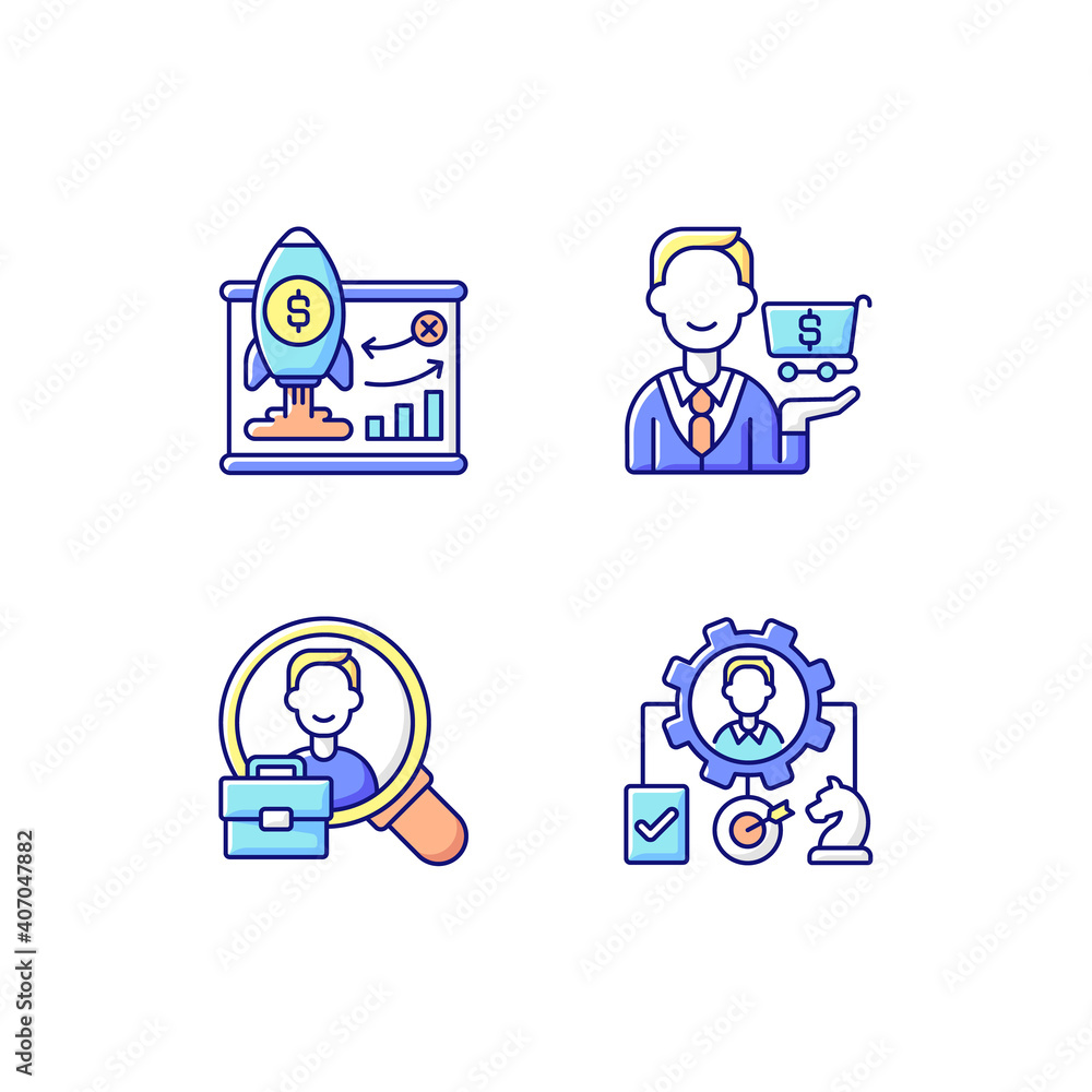 Corporate structure RGB color icons set. Business model. Buying goods and products. Organization workforce. Company plan for making profit. HR department. Isolated vector illustrations