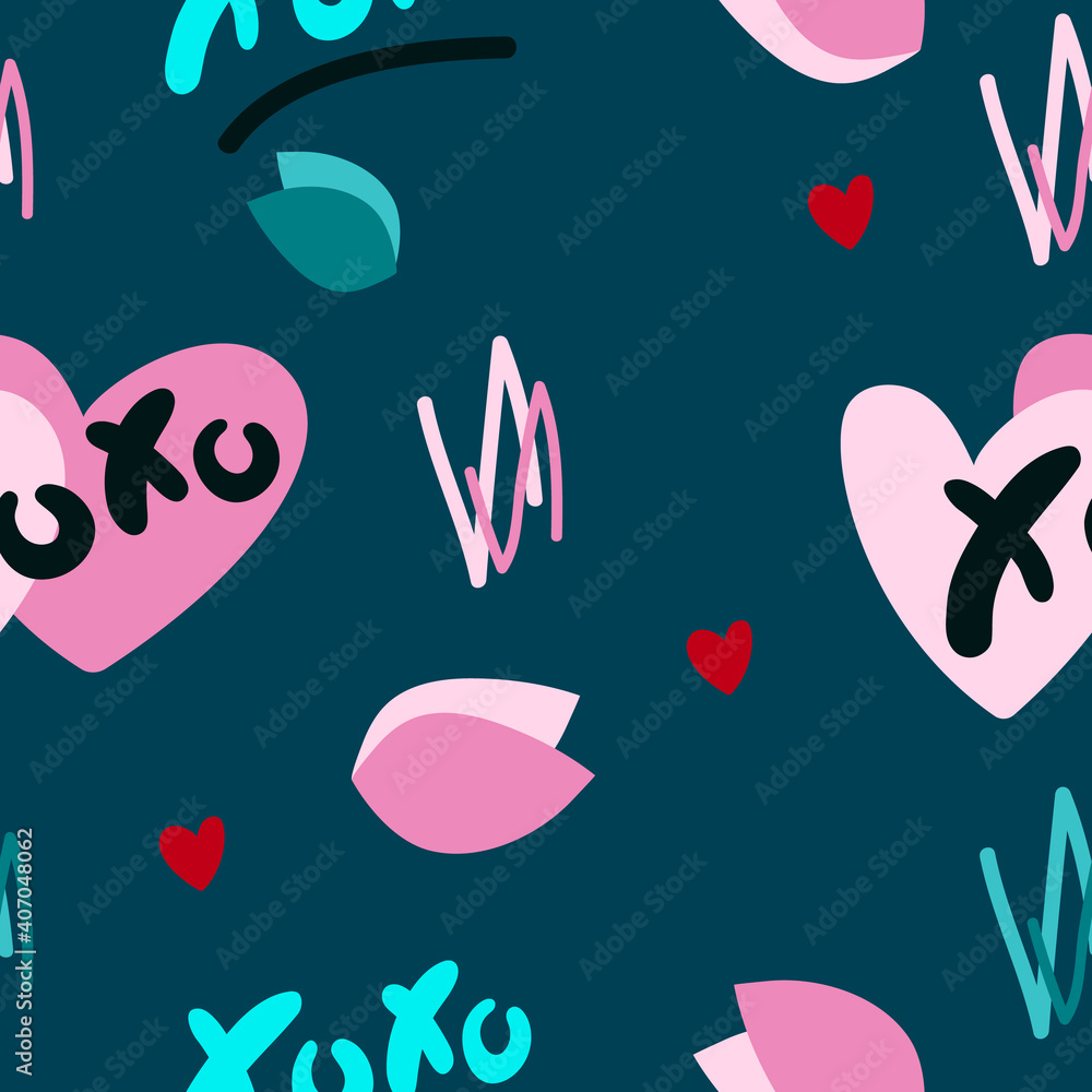 Vector abstract seamless XOXO pattern. Dark green background with brush strokes, hearts, text. Romantic print design for textile, wrapping paper, wedding backdrops, Valentine's Day concepts etc. Vector abstract seamless XOXO pattern. Dark green background with brush strokes, hearts, text. Romantic print design for textile, wrapping paper, wedding backdrops, Valentine's Day concepts etc.