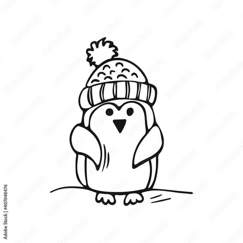 Hand-drawn cute penguin. Doodle penguin in winter hat isolated on white background. Image Hand-drawn cute penguin. Doodle penguin in winter hat isolated on white background. Image