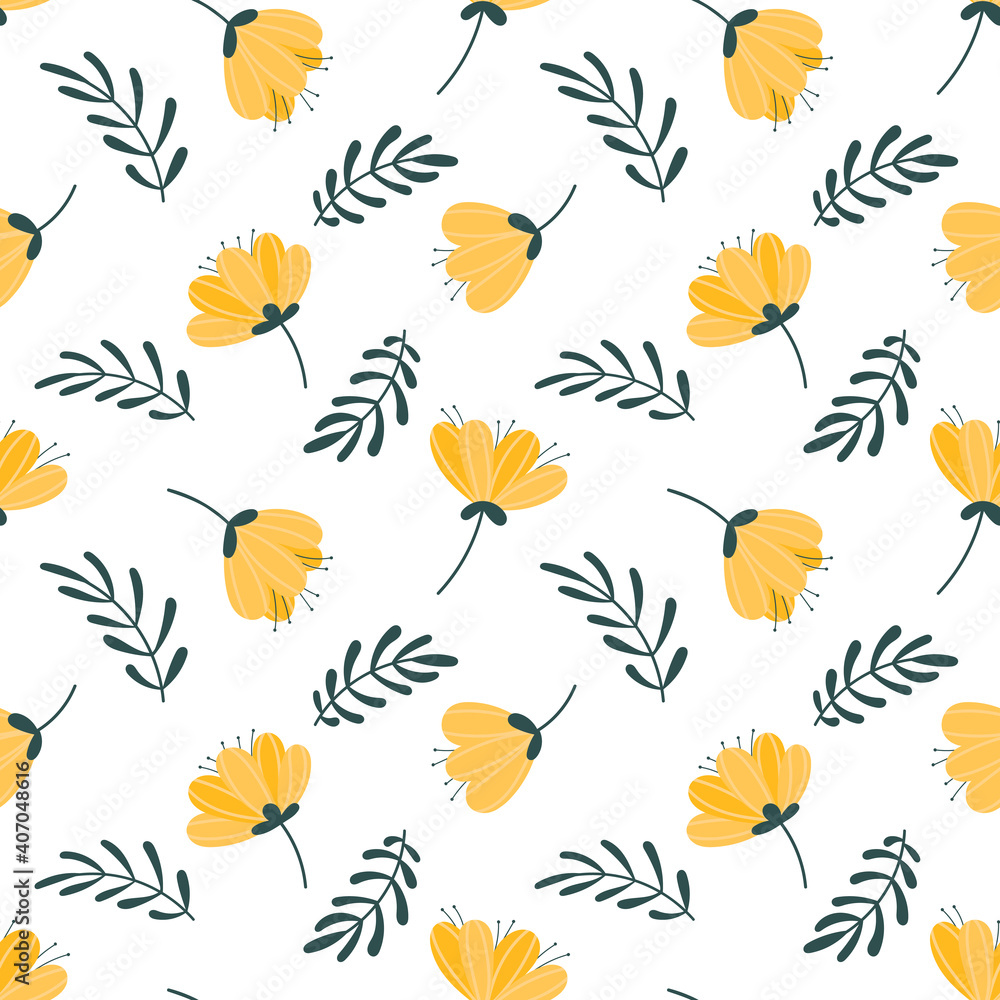 Spring seamless pattern with yellow flowers and leaves. Suitable for printing on textiles, wrapping paper, etc.