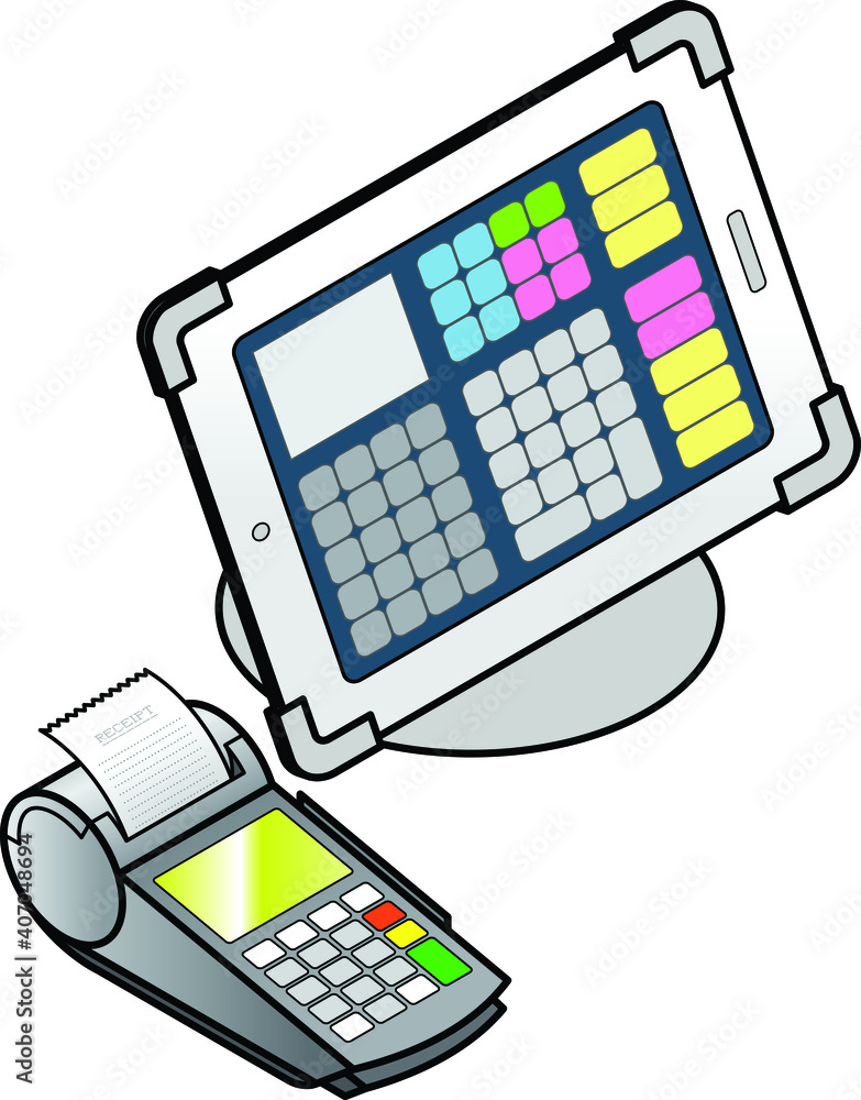 A tablet-based POS (point of sale) setup with a swipe/tap card reader, PIN pad and receipt printer. A tablet-based POS (point of sale) setup with a swipe/tap card reader, PIN pad and receipt printer.