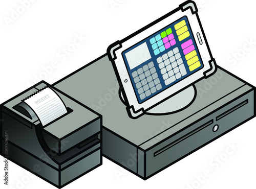 A tablet-based POS (point of sale) setup with a cash drawer and receipt printer.
