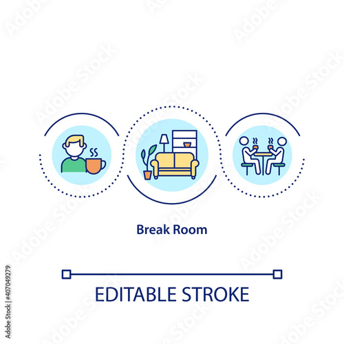 Break room concept icon. Include quiet areas. Use it as a place to communicate. Feedback from your team idea thin line illustration. Vector isolated outline RGB color drawing. Editable stroke