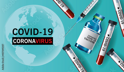 covid19 virus vaccine lettering with vial bottle and tubes test