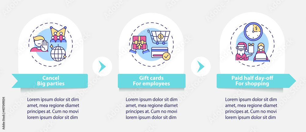 Covid friendly office party vector infographic template. Gift cards, safe shopping presentation design elements. Data visualization 3 steps. Process timeline chart. Workflow layout with linear icons Covid friendly office party vector infographic template. Gift cards, safe shopping presentation design elements. Data visualization 3 steps. Process timeline chart. Workflow layout with linear icons