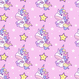 Seamless pattern with unicorn on a pink background. Vector