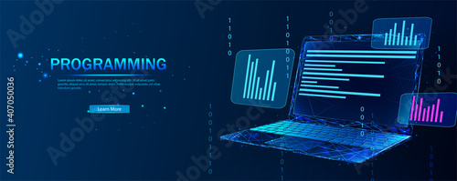 Software, web development, programming concept. Abstract programming language and program code on the laptop screen. Technological process of software development. Software development.
