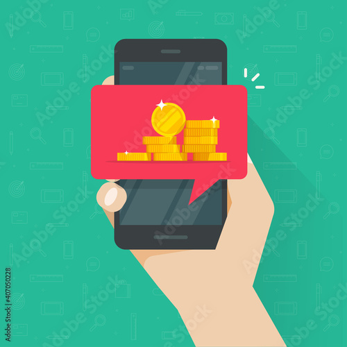 Receiving web digital money on mobile phone cellphone vector flat cartoon illustration, person man got internet electronic coins cash on smartphone, concept of earnings transaction online modern