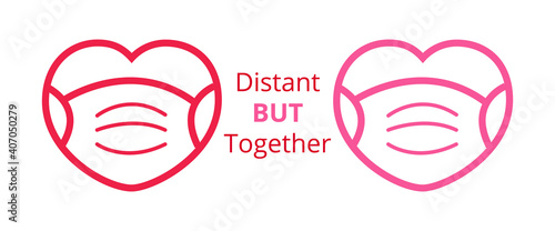 Celebrating Valentine's Day safely during the coronavirus pandemic. Heart in mask mask. The concept of safe love during covid 19, distant but together. Vector illustration love banner, icon.