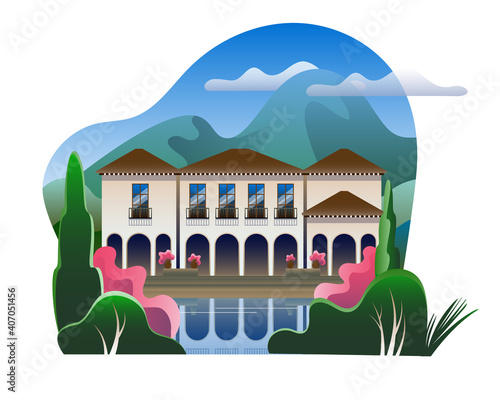 Luxury villa with a swimming pool on the background of a mountain landscape. Vector illustration in flat style.