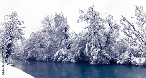 scenic winter landscape river flow and trees in snow photo