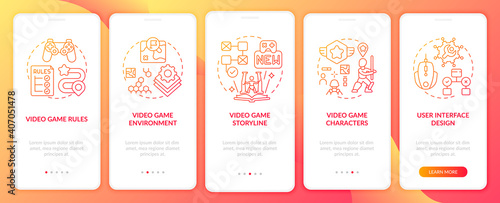Video game design components onboarding mobile app page screen with concepts. Video game environment walkthrough 5 steps graphic instructions. UI vector template with RGB color illustrations