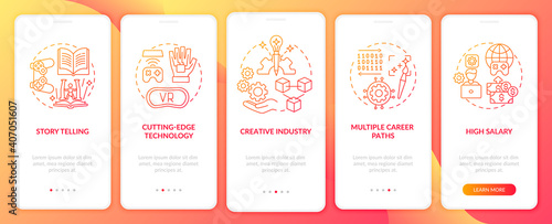 Game design industry benefits onboarding mobile app page screen with concepts. Multiple career paths walkthrough 5 steps graphic instructions. UI vector template with RGB color illustrations