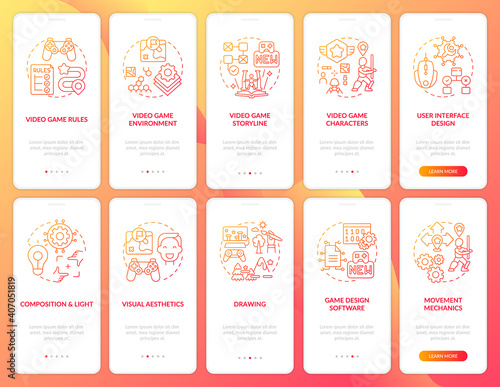 Video game design onboarding mobile app page screen with concepts set. Video game development walkthrough 10 steps graphic instructions. UI vector template with RGB color illustrations