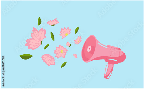 Megaphone announces spring. Speaker with flowers. Spring vibes. Sommer or spring concept idea. Sommer Print