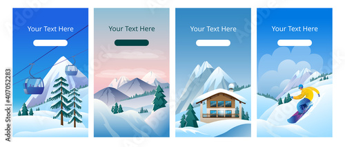 Beautiful mountain landscape in delicate shades. Image of an Alpine Chalet on the background of a mountain landscape. A set of vertical banners. Vector illustration.