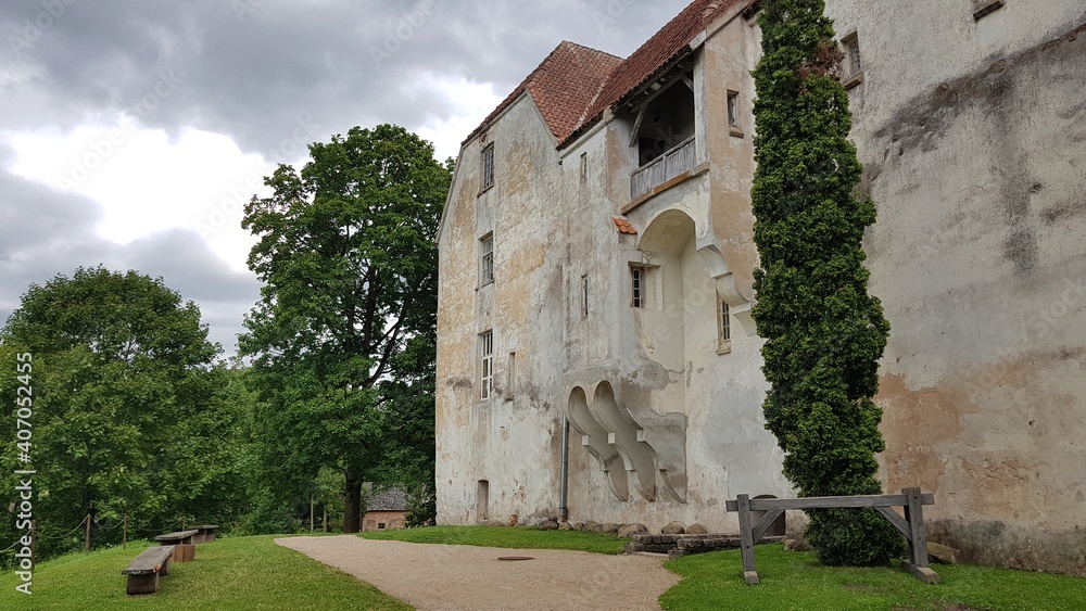 Balcony on the wall of the old Latvian Jaunpils castle on July 12, 2019