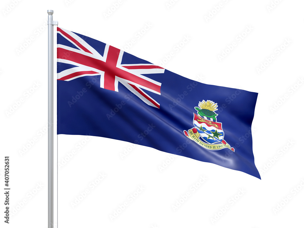 Fototapeta premium Cayman Islands (British overseas territory) flag waving on white background, close up, isolated. 3D render