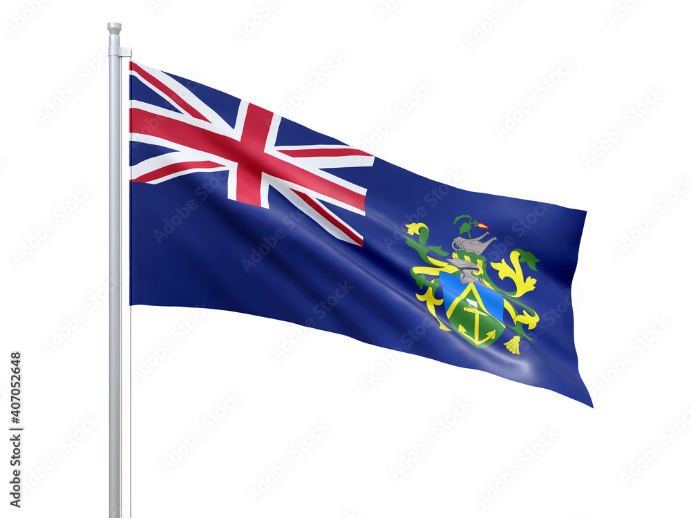 Fototapeta premium Pitcairn Islands (British overseas territory) flag waving on white background, close up, isolated. 3D render