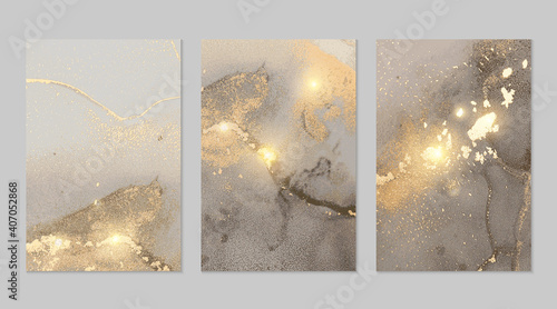 Shiny gray and gold stone geode pattern. Alcohol ink technique abstract vector background. Modern paint with glitter. Marble texture. Set of templates for banner, poster design. Fluid art painting