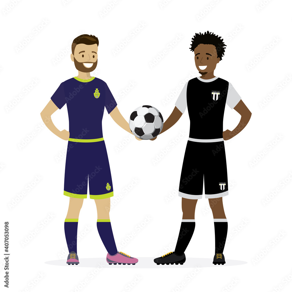 Two football players of different teams are holding game ball. Caucasian and african american soccer players in uniform. Two football players of different teams are holding game ball. Caucasian and african american soccer players in uniform.