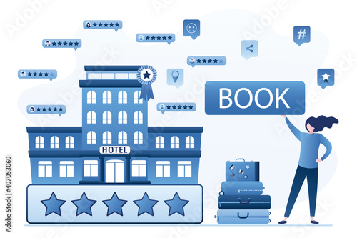 Woman tourist book hotel online. Five stars reviews, best quality of accommodation and apartments. Customers reviews hotel service, resort quality.