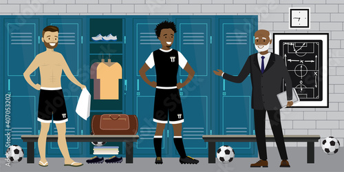 Dressing room interior with lockers with sporting equipment. Football players and coach talking. Soccer players dressing uniform before game