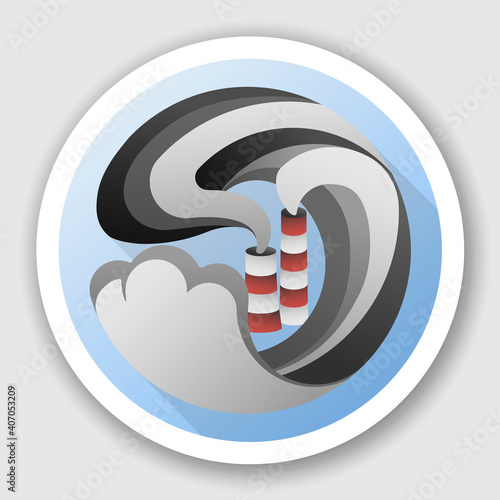 Flat round icon with city in smog. Industrial pipes pollute the air with smoke.