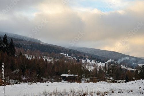 View of Swieradow Zdroj resort in Izera Mountains, part of Western Sudetes range in winter, south-western Poland