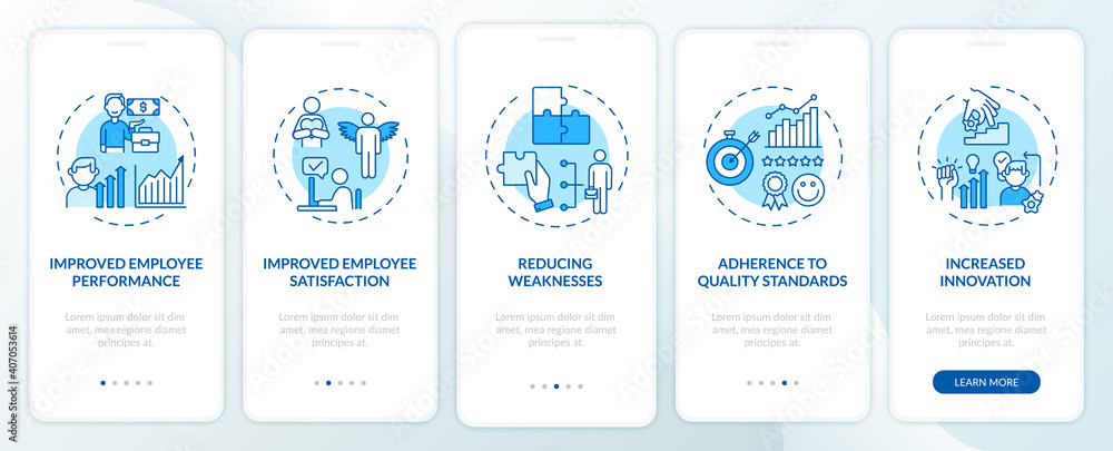 Staff development benefits onboarding mobile app page screen with concepts. Innovation, reducing weakness walkthrough 5 steps graphic instructions. UI vector template with RGB color illustrations