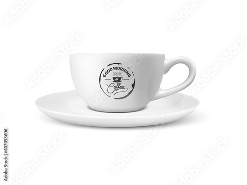 Vector 3d Realistic White Porcelain Ceramic Mug Isolated on White Background. Tea, Coffee Cup with Typography Quote, Phrase about Coffee. Stock Illustration. Design Template for Mockup. Front View