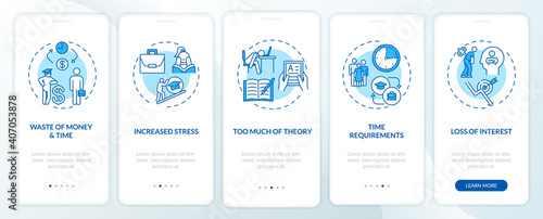 Staff development disadvantages onboarding mobile app page screen with concepts. Time wasting, overtraining walkthrough 5 steps graphic instructions. UI vector template with RGB color illustrations
