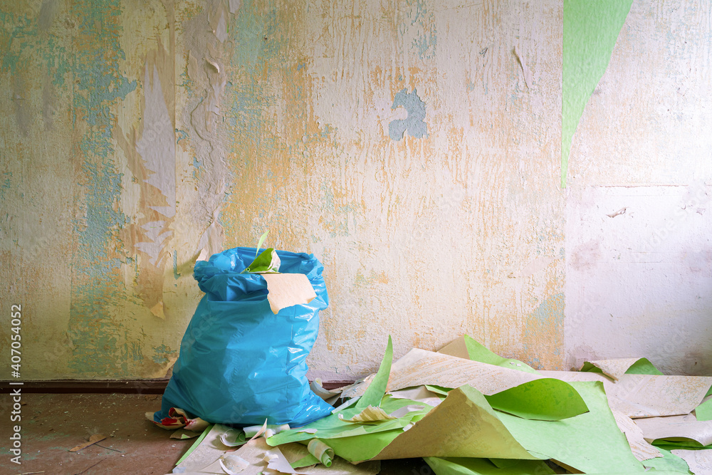 Peeling off wallpaper during interior home repair renovation and ...