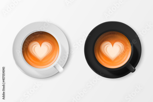 Vector 3d Realistic Ceramic White and Black Coffee Mug, Cup, Saucer Isolated on White Background. Milk Coffee, Foam, Heart Pattern. Espresso, Capuccino, Latte. Design Template. Top View