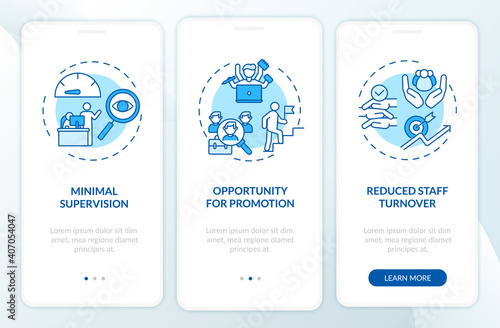 Staff development advantages onboarding mobile app page screen with concepts. Minimal overseeing, promotion walkthrough 3 steps graphic instructions. UI vector template with RGB color illustrations