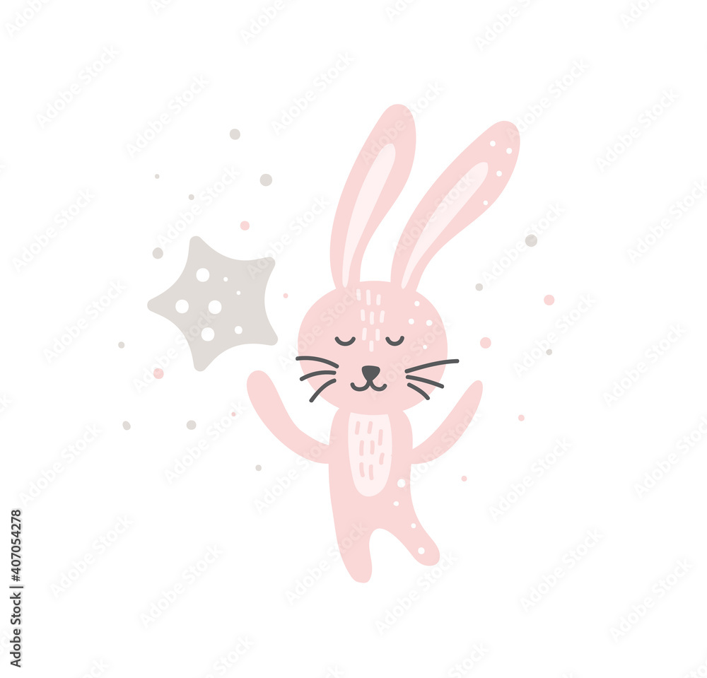 Funny Bunny with star Lovely Nursery Art in Scandinavian style design. Dreaming rabbit nordic. Doodle Vector illustration dream