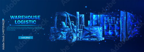 Warehouse logistics. Abstract vector in futuristic polygonal style with wireframe, lowpoly triangles on a blue background with stars. Logistics concept. Transportation and distribution of goods.