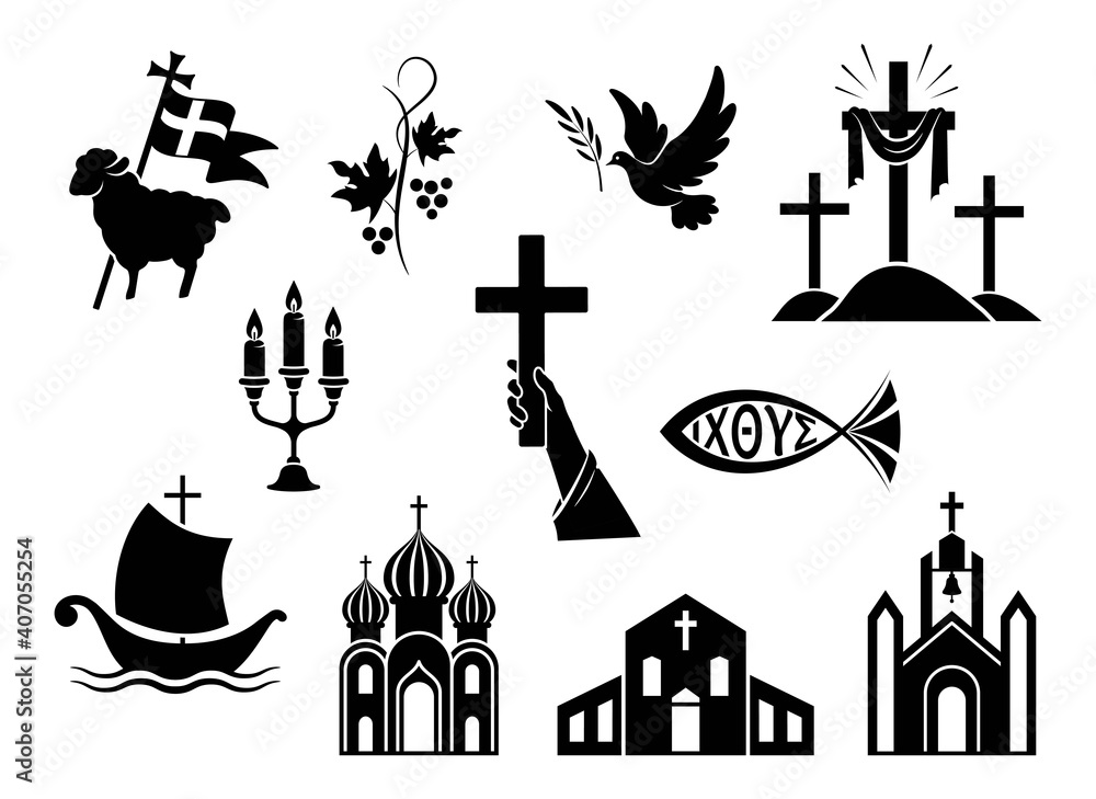 Religious christian signs and symbols. Set of icons. Church, hands holding  cross, dove with branch, fish and ship. Cross with shroud. Lamb is symbol of Christ's sacrifice. Isolated silhouette. Vector