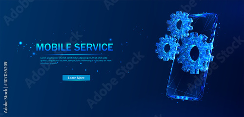 Gears. The concept of service. A gears consisting of polygons. Phone in a futuristic polygonal style with a skeleton, low-poly triangles. Internet, or digital, or a symbol of the device and phone. 