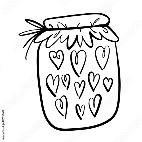 Hand drawn vector illustration of a mason jar filled with hearts, wedding and romance concept illustration isolated on white background.