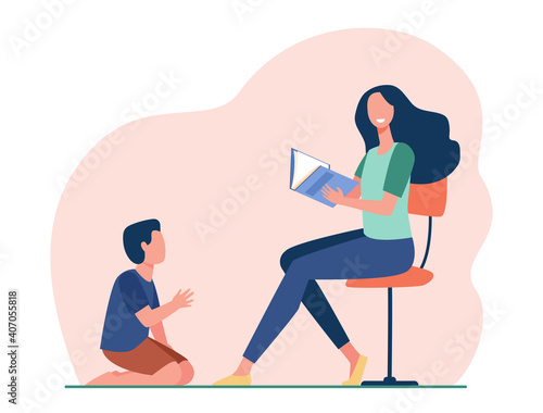 Smiling mother sitting and reading book to son. Study, chair, kid flat vector illustration. Motherhood and family concept for banner, website design or landing web page