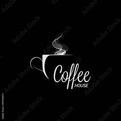 Dark coffee logo. Cup of coffee on  black background