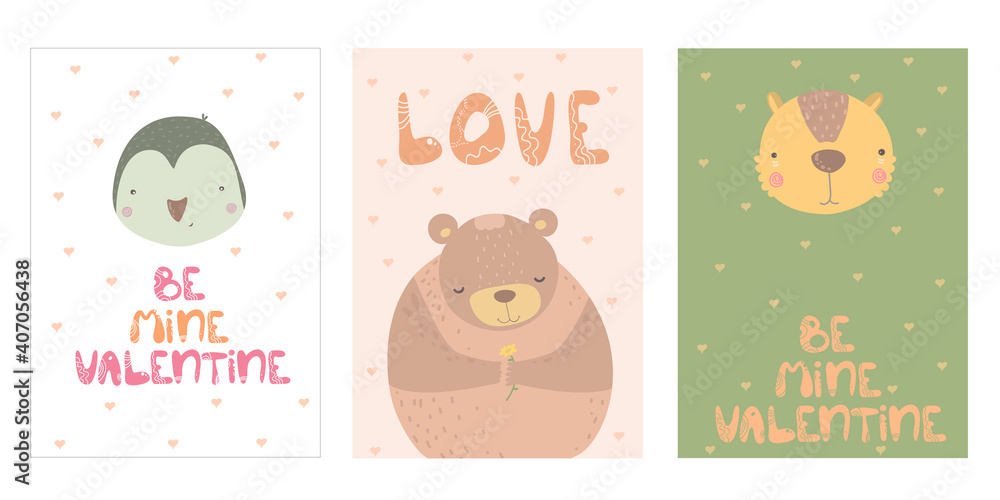 Set of cute cards for Valentine's Day. Cartoon animals. Vector illustration. Set romantic cards with penguin, bear, hearts, festive lettering in cute cartoon flat. inscription be my valentine Set of cute cards for Valentine's Day. Cartoon animals. Vector illustration. Set romantic cards with penguin, bear, hearts, festive lettering in cute cartoon flat. inscription be my valentine