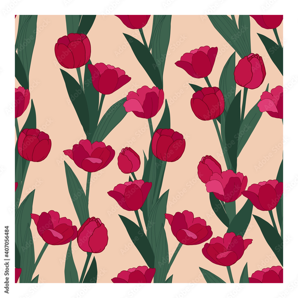 Seamless vector pattern with red flowers and green leaves on pink background. Tulips. Suitable for textiles, wallpaper, fabric, manufacturing, web, design.
