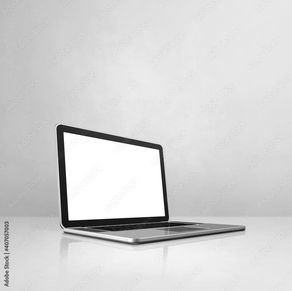 Laptop computer on white concrete office scene background Laptop computer on white concrete office scene background