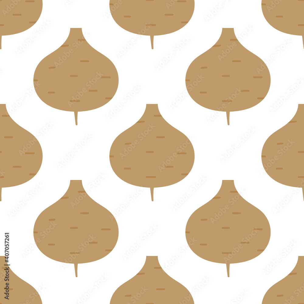 Vector cartoon style jicama, root vegetables seamless pattern background.
