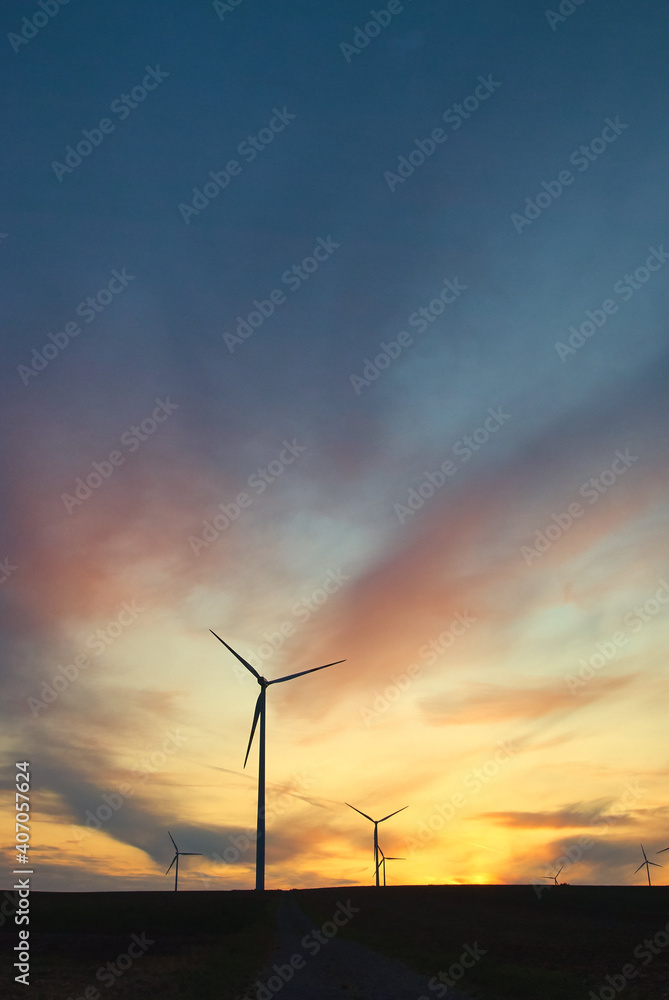 wind farm in at sunset